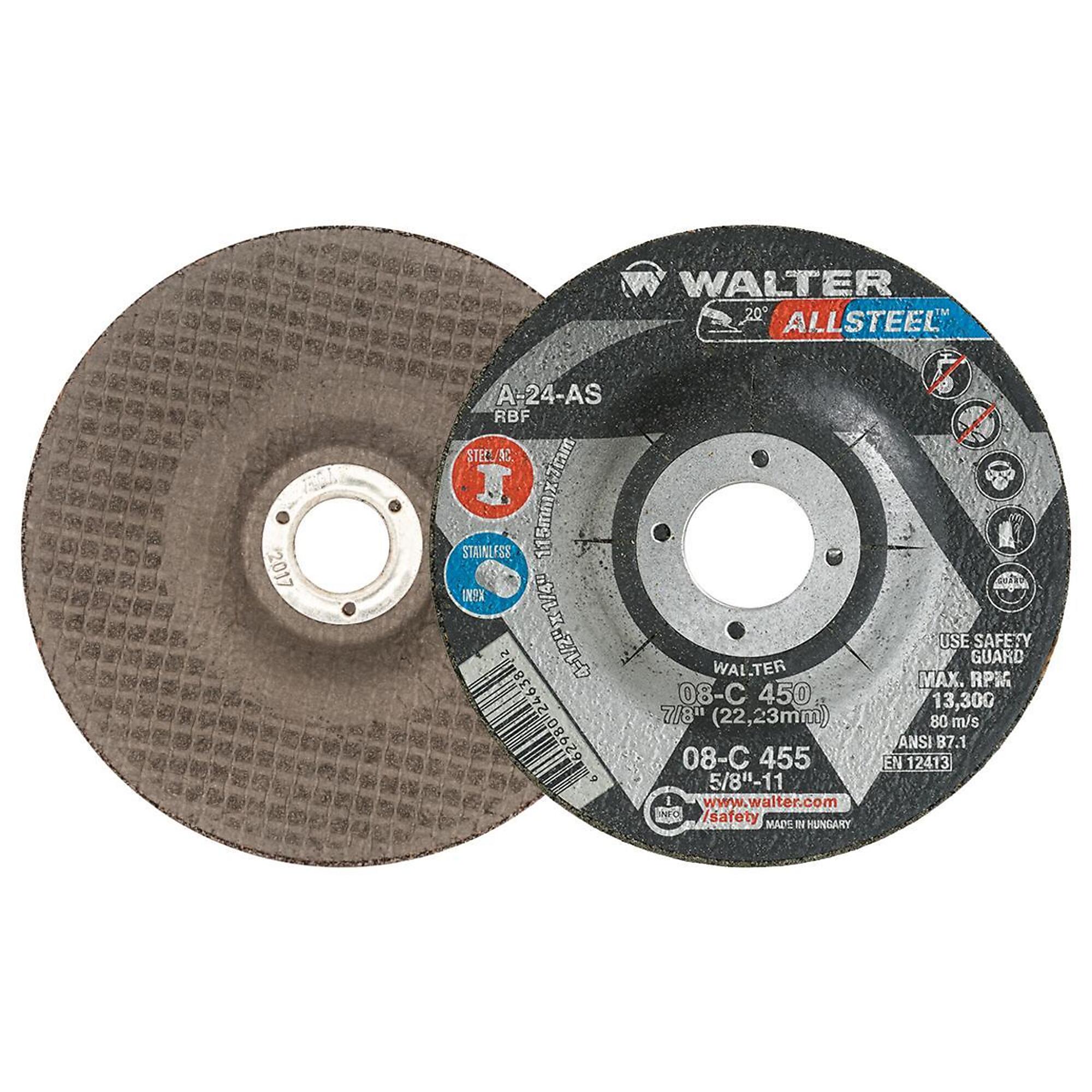 Walter Allsteel Xtra Grinding Wheel — 4.5in. x 0.25in., Angle Grinder, Steel and Stainless Steel, 25 Pcs, Model# 08C450